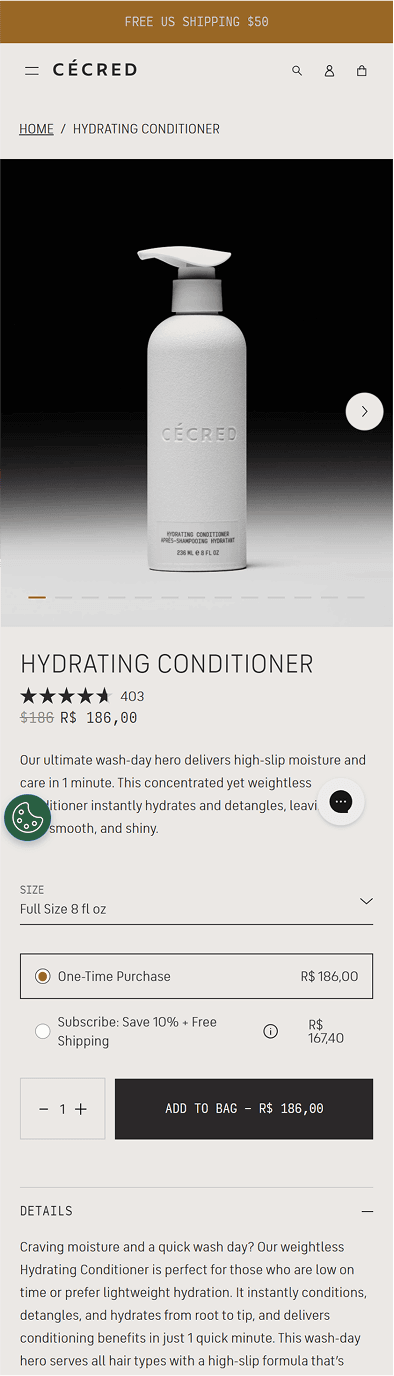 Cécred’s public hydrating conditioner product page on mobile: a row of dashes under the photo, the stars and 403 reviews, then one paragraph with a cookie badge and a chat bubble over it